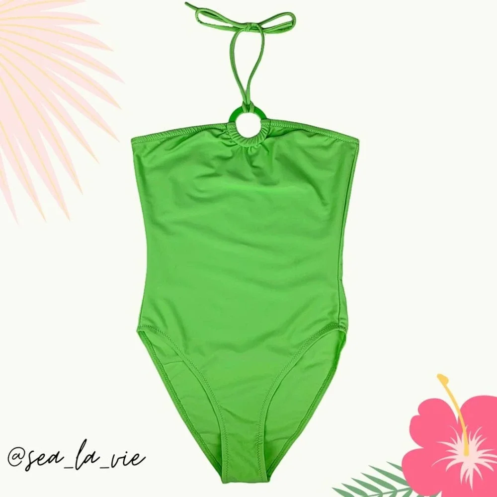 Pastel High-Leg O-Ring Halter One-Piece Swimsuit in Lime Green - Picture 1 of 11